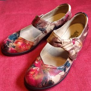 Alegria Women's 39 Flowers Pink Red Leather Mary Janes Wedge Heel